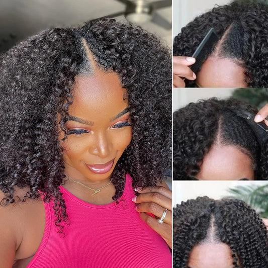 Kinky Curly V Part Wig 100% Human Hair 4C Afro Curly V Part Human Hair Wigs for Women Brazilian Deep Wave Thin Part Wig on Sale