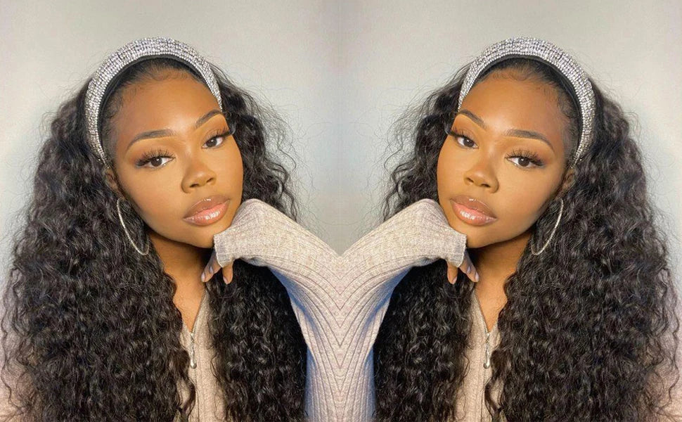 Human Hair Wigs Deep Wave Headband Wigs for Black Women No Lace Remy Hair Water Wave Headband Wigs KInky Curly 12-28 Inch Mobok