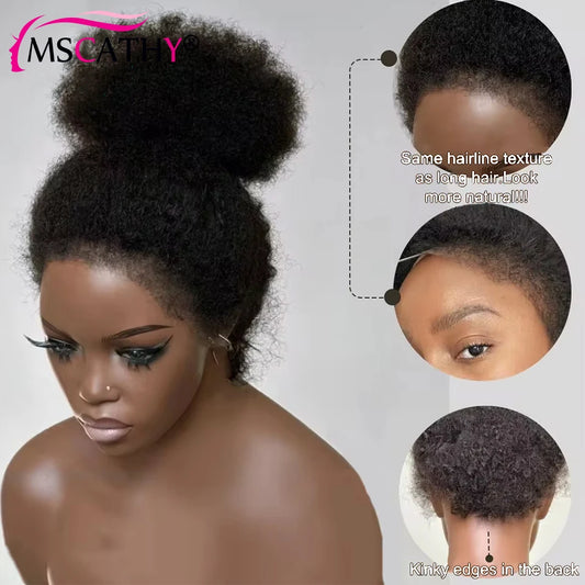 Afro Kinky Curly Ponytail Human Hair Wigs For Women 13x4 HD Transparent Lace Frontal Wig Brazilian Virgin Hair Wig With 4C Edges