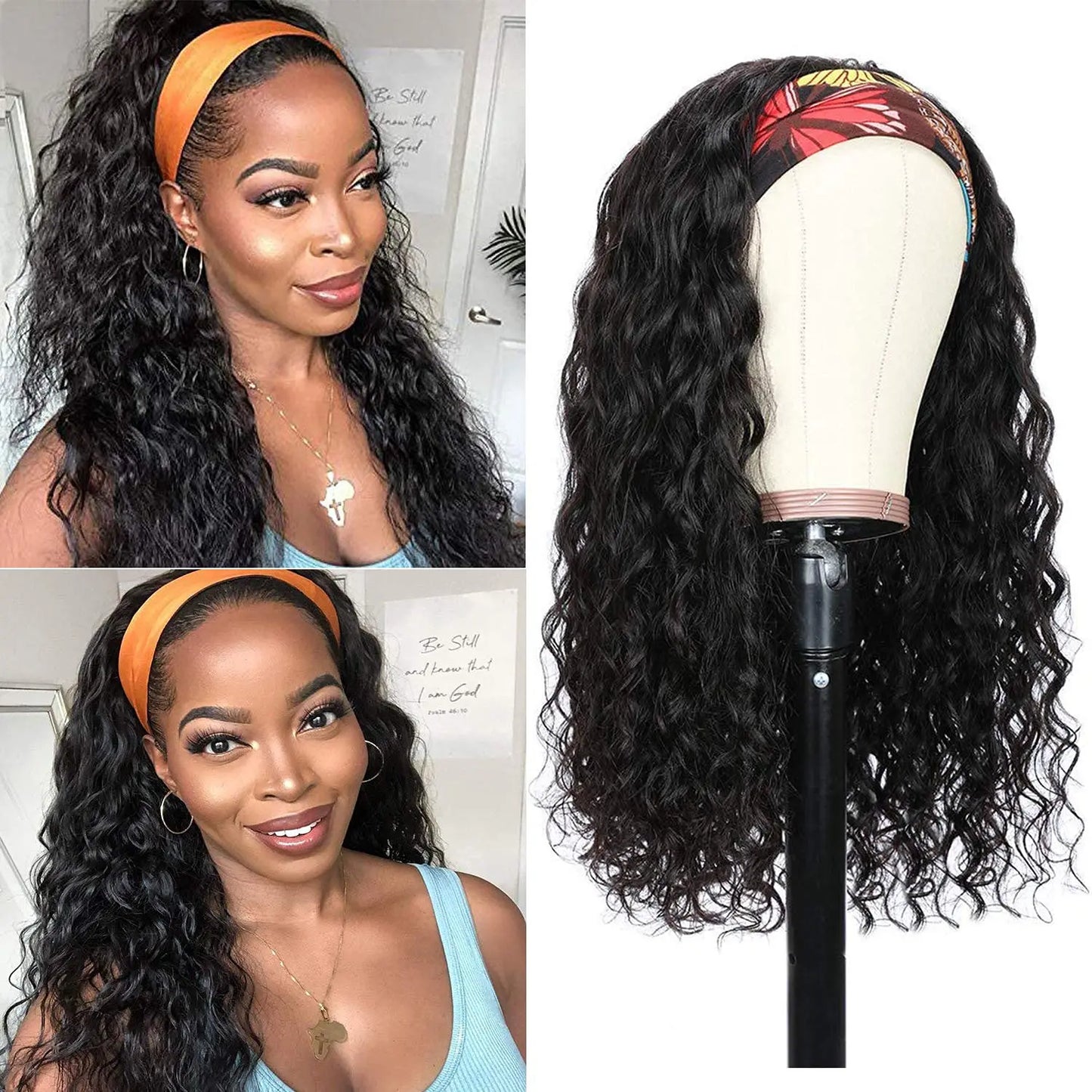 Human Hair Wigs Deep Wave Headband Wigs for Black Women No Lace Remy Hair Water Wave Headband Wigs KInky Curly 12-28 Inch Mobok
