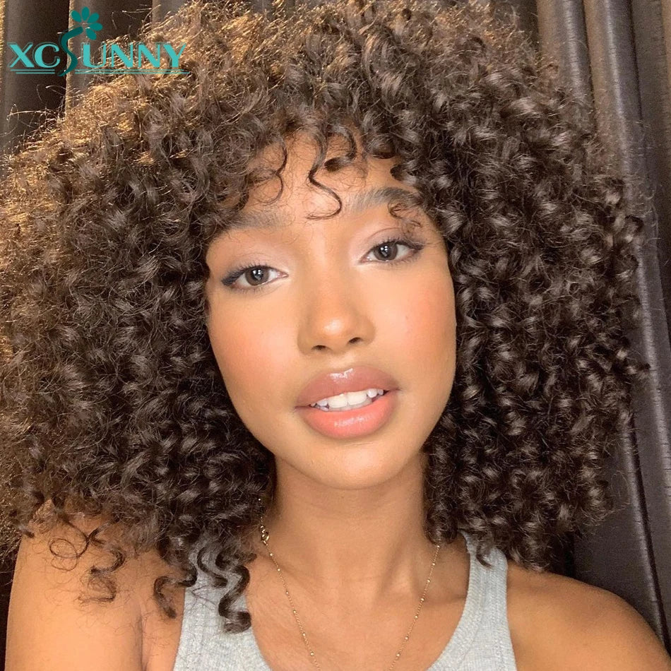 Curly Human Hair Wigs With Bangs Loose Curly Bang Wig Human Hair Scalp Top Brazilian Full Machine Made Wig 200 Density Xcsunny