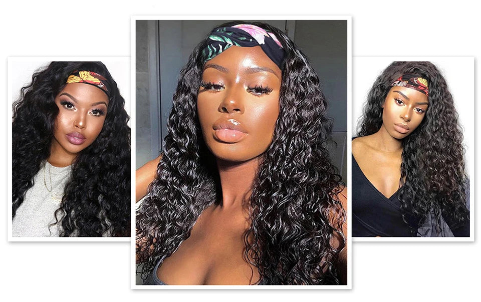 Human Hair Wigs Deep Wave Headband Wigs for Black Women No Lace Remy Hair Water Wave Headband Wigs KInky Curly 12-28 Inch Mobok