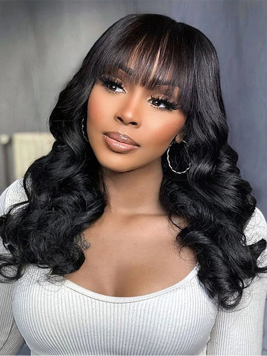 Body Wave Human Hair Wigs With Bangs Short Bob Wig With Bangs 180% Density Brazilian Fringe Remy Full Machine Made Wig For Women