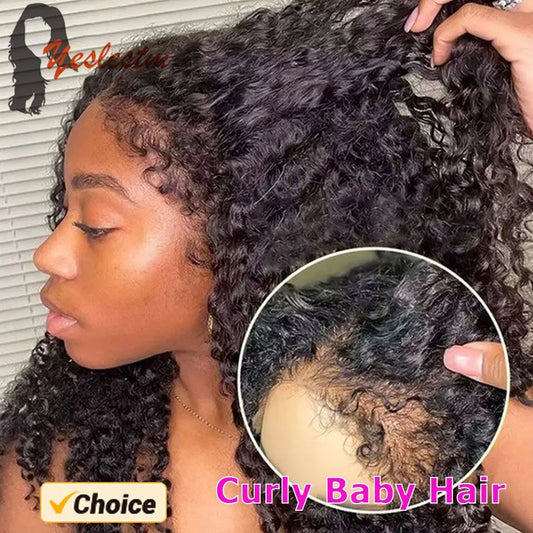 Kinky Curly Human Hair Wig With 4C Curly Edges Hairline Baby Hair 13x4 Transparent Lace Front Human Wig Easy To Wear Wig No Glue