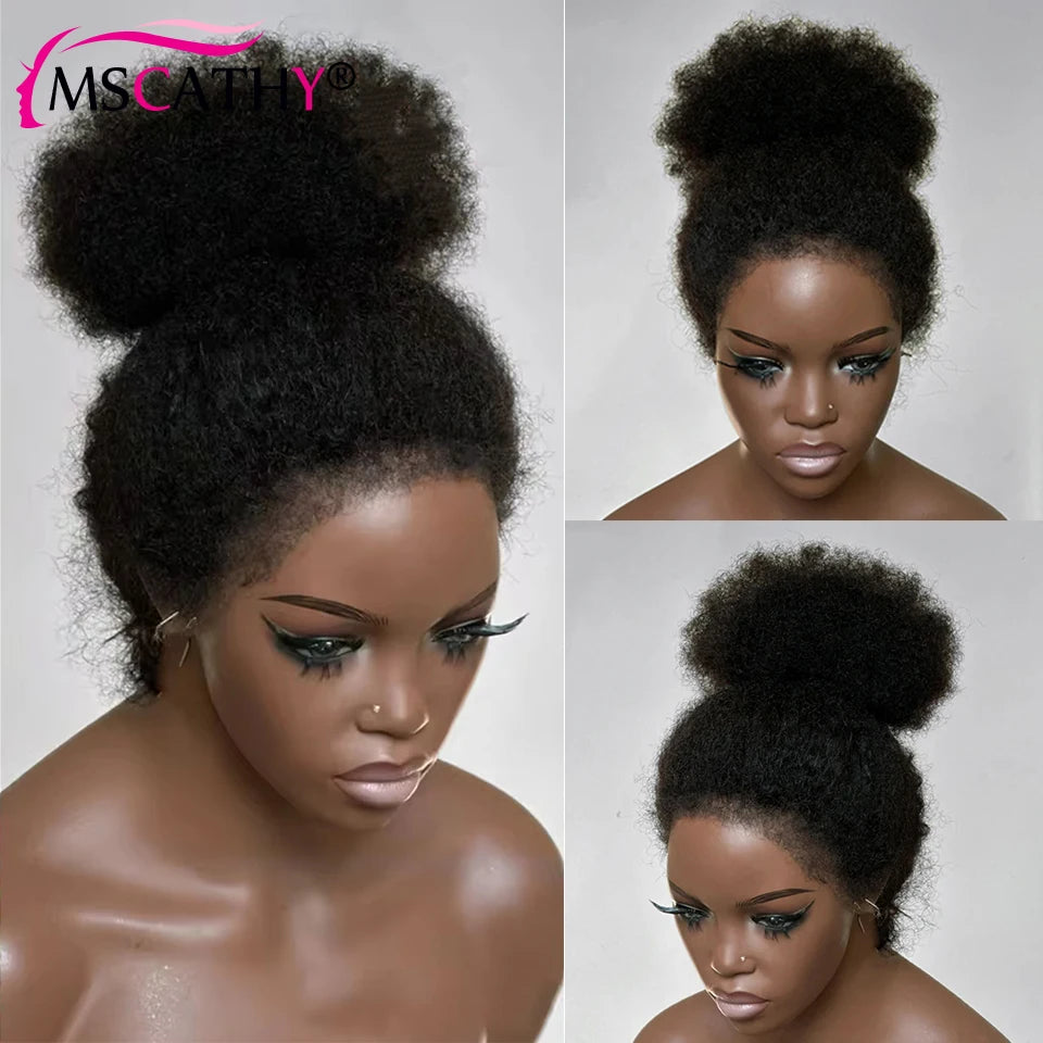 Afro Kinky Curly Ponytail Human Hair Wigs For Women 13x4 HD Transparent Lace Frontal Wig Brazilian Virgin Hair Wig With 4C Edges