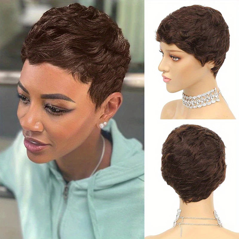 150% Density Chic Pixie Cut Human Hair Wig with Bangs - Brazilian Non-Lace Front, Full Machine-Made for Everyday Elegance